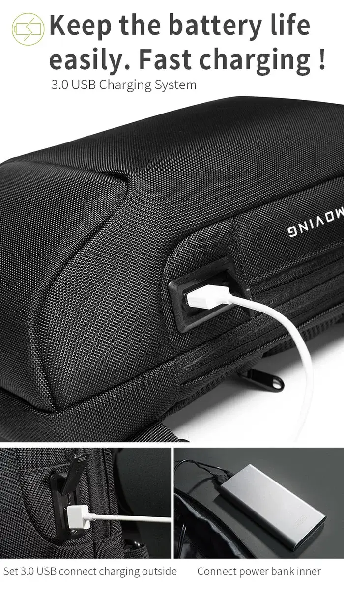 BANGE 22085 Anti-Theft Waterproof Crossbody Chest Bag with USB Charging Port