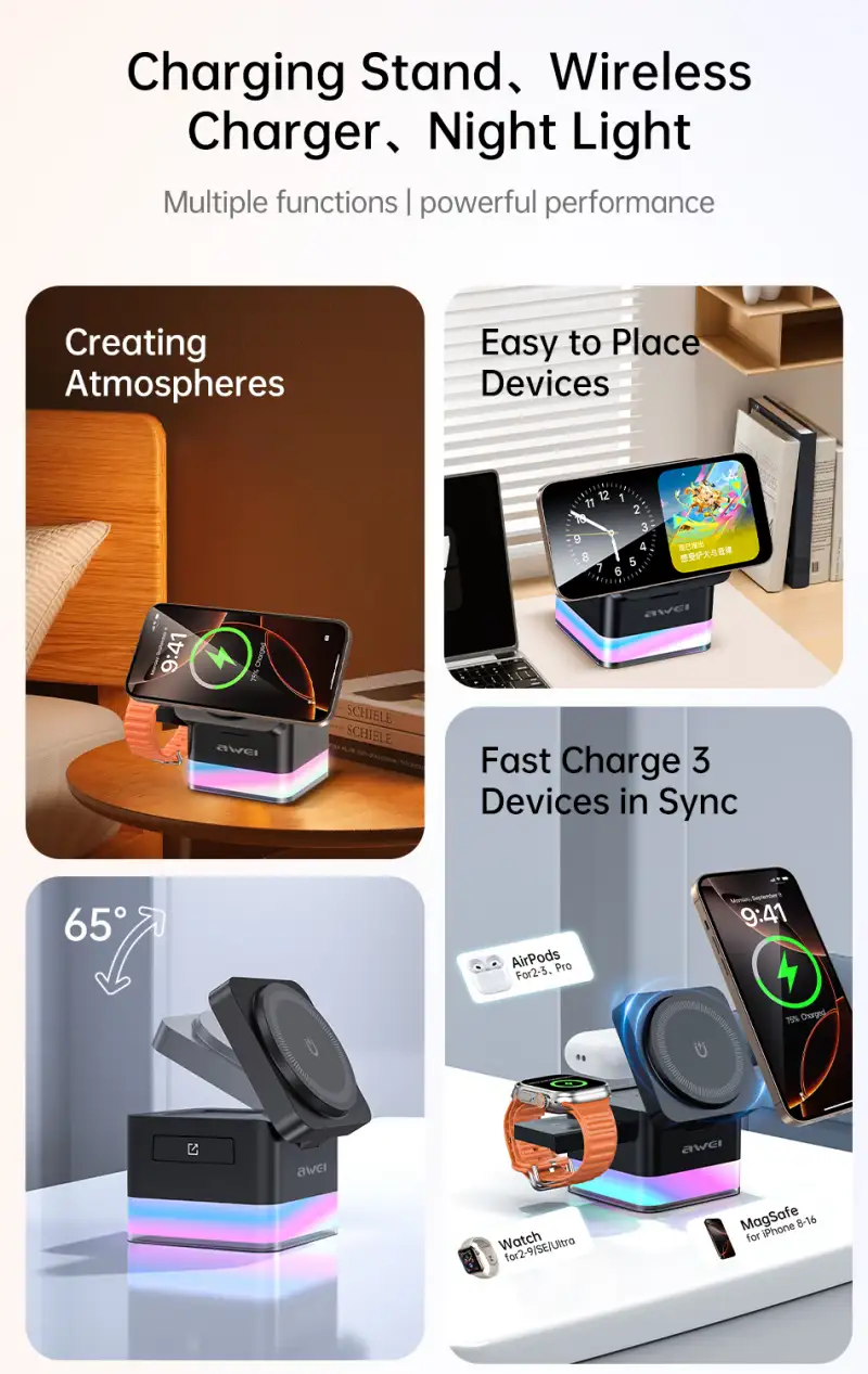 Awei W25 3 in 1 Desktop Charger Magnetic Wireless Charger