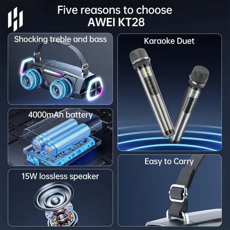 Awei KT28 30W Portable Bluetooth Karaoke Speaker with Dual Wireless Microphones
