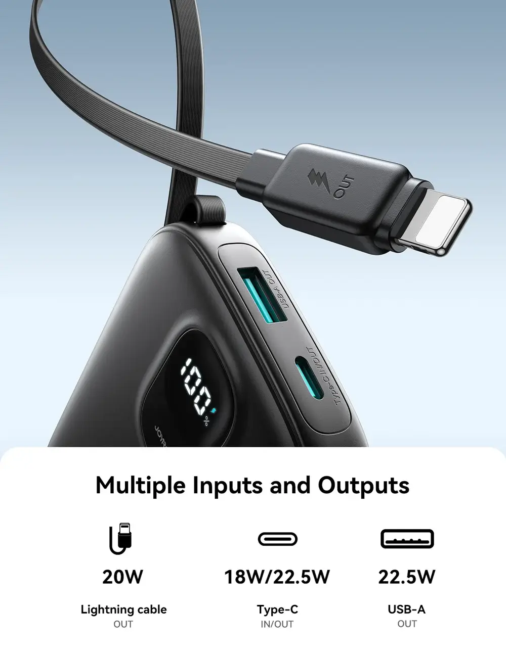 Joyroom JR-PBF18 10000mAh 22.5W Fast Charging Power Bank with Built-in Lightning Cable