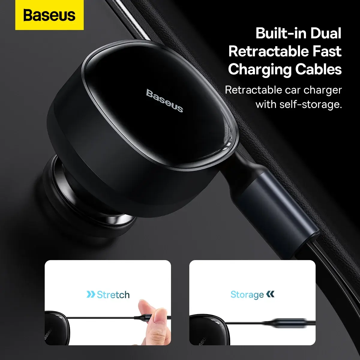Baseus Enjoyment Series Retractable Car Charger Dual Output Type-C & Lightning 30W Fast Charging