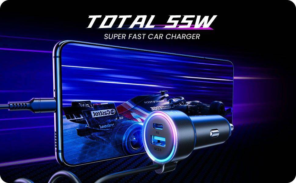 JOYROOM JR-CL07 55W PD QC3.0 Fast Car Charger with Type-C Port and Coiled Cable