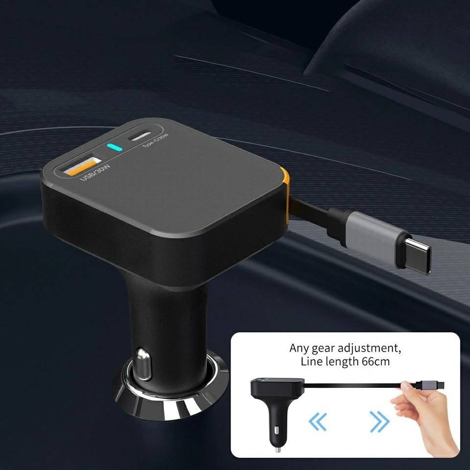 WIWU Wi-CC033 Helix 65W USB-A and USB-C Car Charger with Retractable USB-C Cable