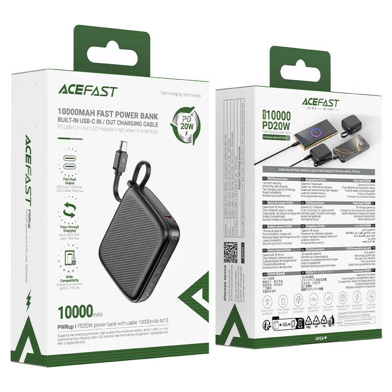 AceFast M15 10000mAh Power Bank with 20W PD Fast Charging & Built-In Cable