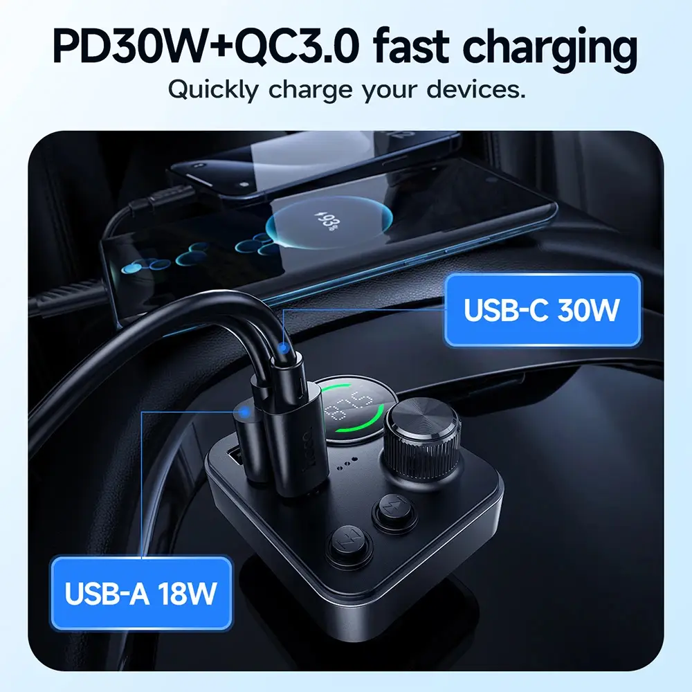 Hoco E86 Alegria 48W Dual-Port Car Charger with PD 30W, QC 3.0 Fast Charging & Bluetooth FM Transmitter