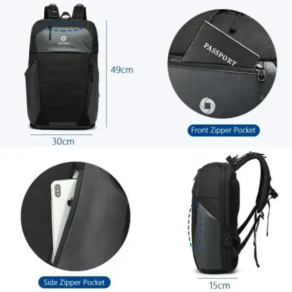 Ozuko 9214 Men's Waterproof Laptop Backpack with USB Charging Stylish & Travel-Ready