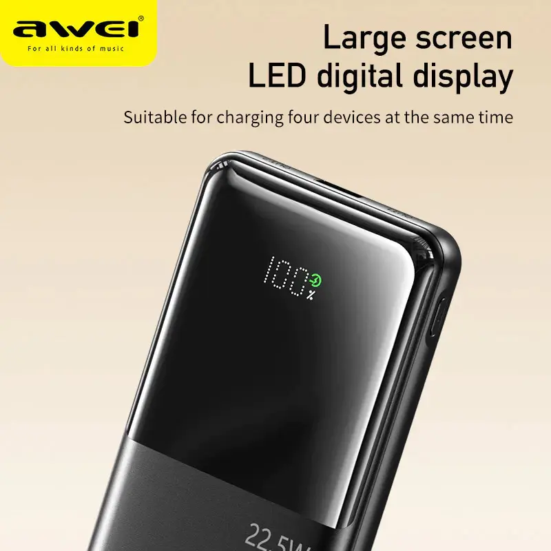 Awei P76K 10000mAh Power Bank 22.5W Fast Charging with Dual Cables & Digital Display