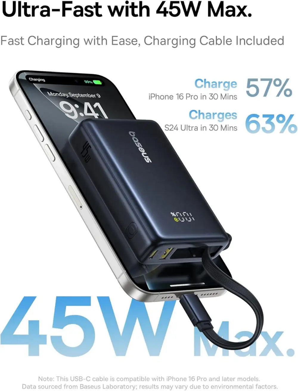 Baseus PicoGo 10000mAh 45W Portable Power Bank with Built-in USB-C Cable