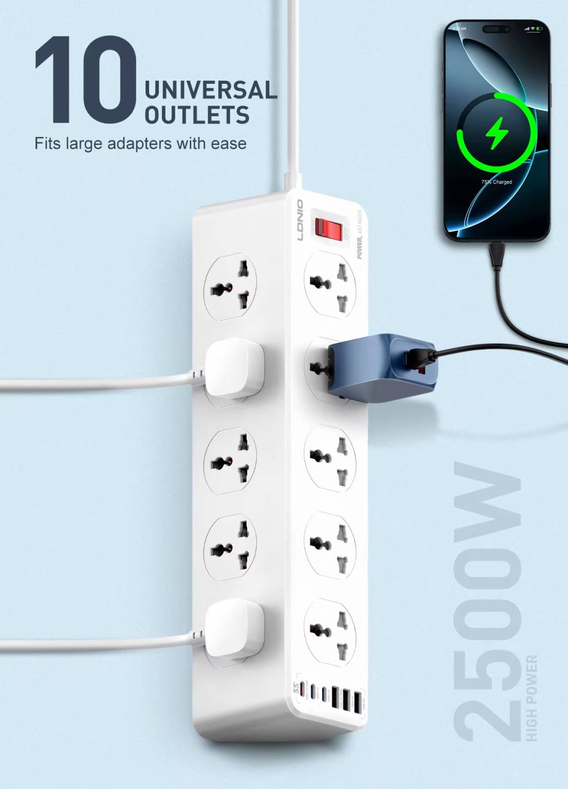 LDNIO SC10610C Universal Power Strip 10 Outlets 2M Cable
