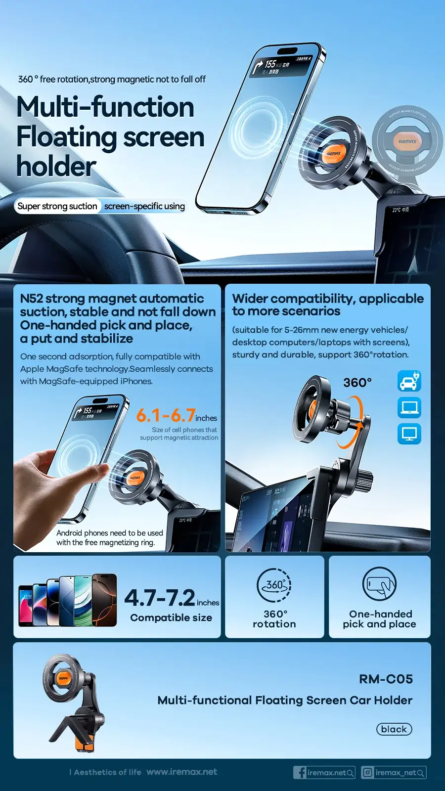 REMAX RM-C05 360° Rotating MagSafe-Compatible Car Mount & Floating Screen Holder