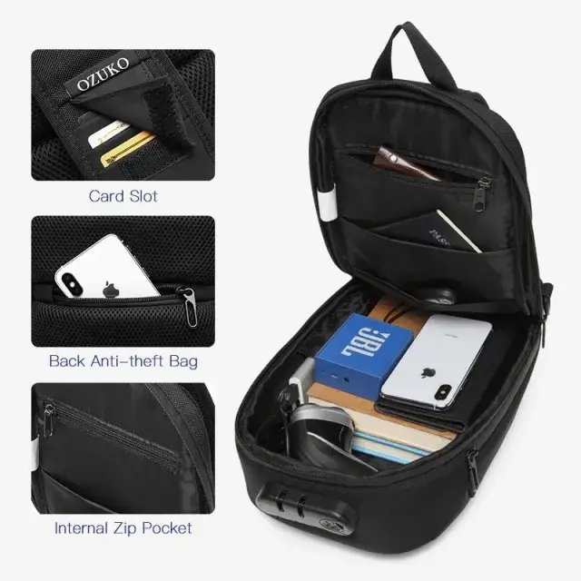 Ozuko 9270 Men's Waterproof Anti-Theft Sling Bag USB Charging Nylon Sports Chest & Crossbody Satchel