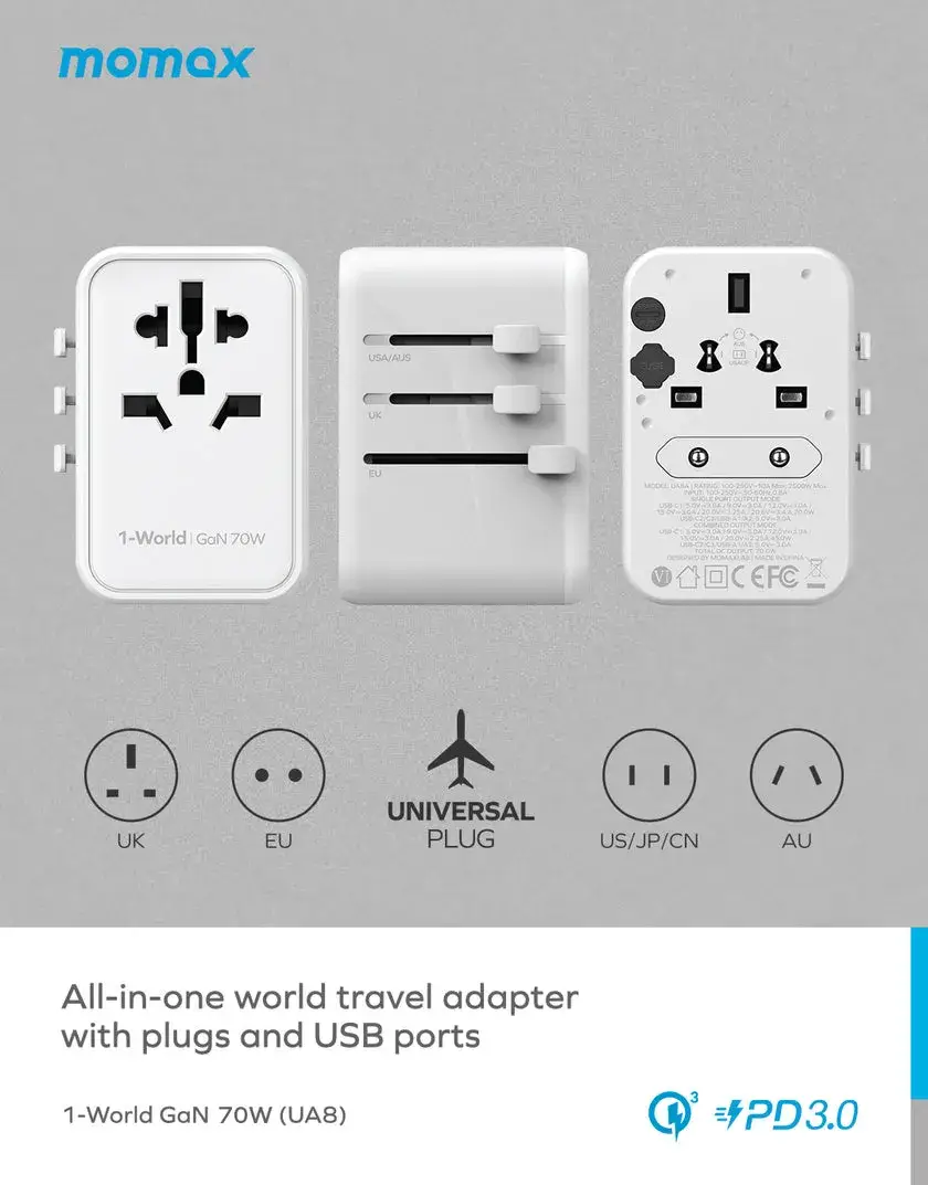 Momax 1 UA8A World Travel Charger 70W GaN 5 Ports  Power Up Laptops Phones & More