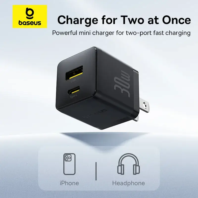 Baseus Palm Series 30W Dual-Port PD Fast Charger 1× USB-A & 1× USB-C Output (US Plug)