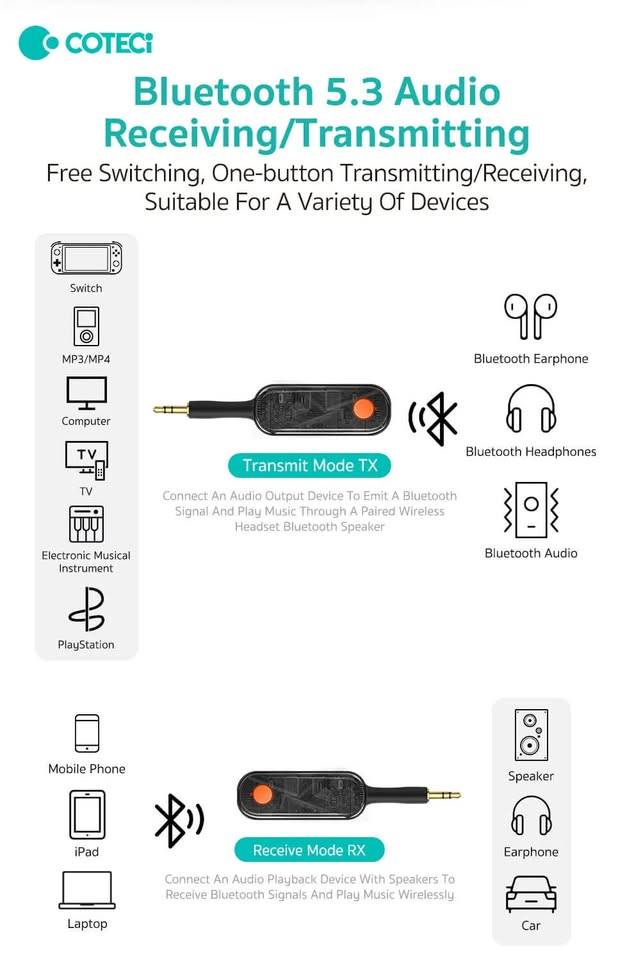 COTECi MS-012 Aviation Bluetooth Audio Transmitter & Receiver 3.5mm Converter