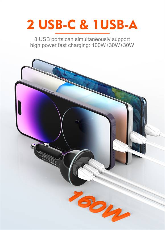 LDNIO C102 160W 3-Port Car Charger with 100W USB-C to USB-C Cable