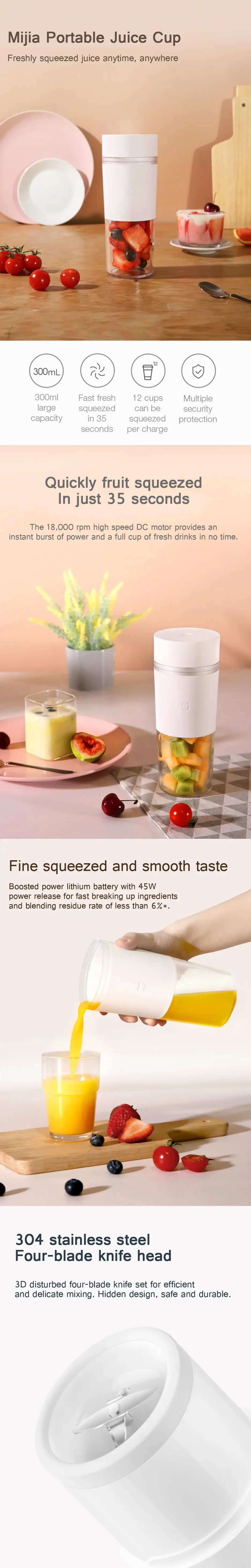 Xiaomi MIJIA 300ML Mini Juice Blender IPX6 Waterproof 18000 RPM