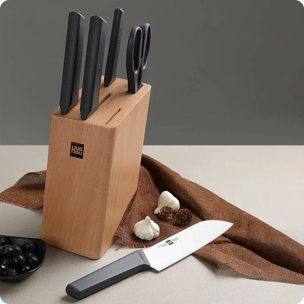 Huohou HU0057 6-in-1 Kitchen Knife Set with Wooden Stand