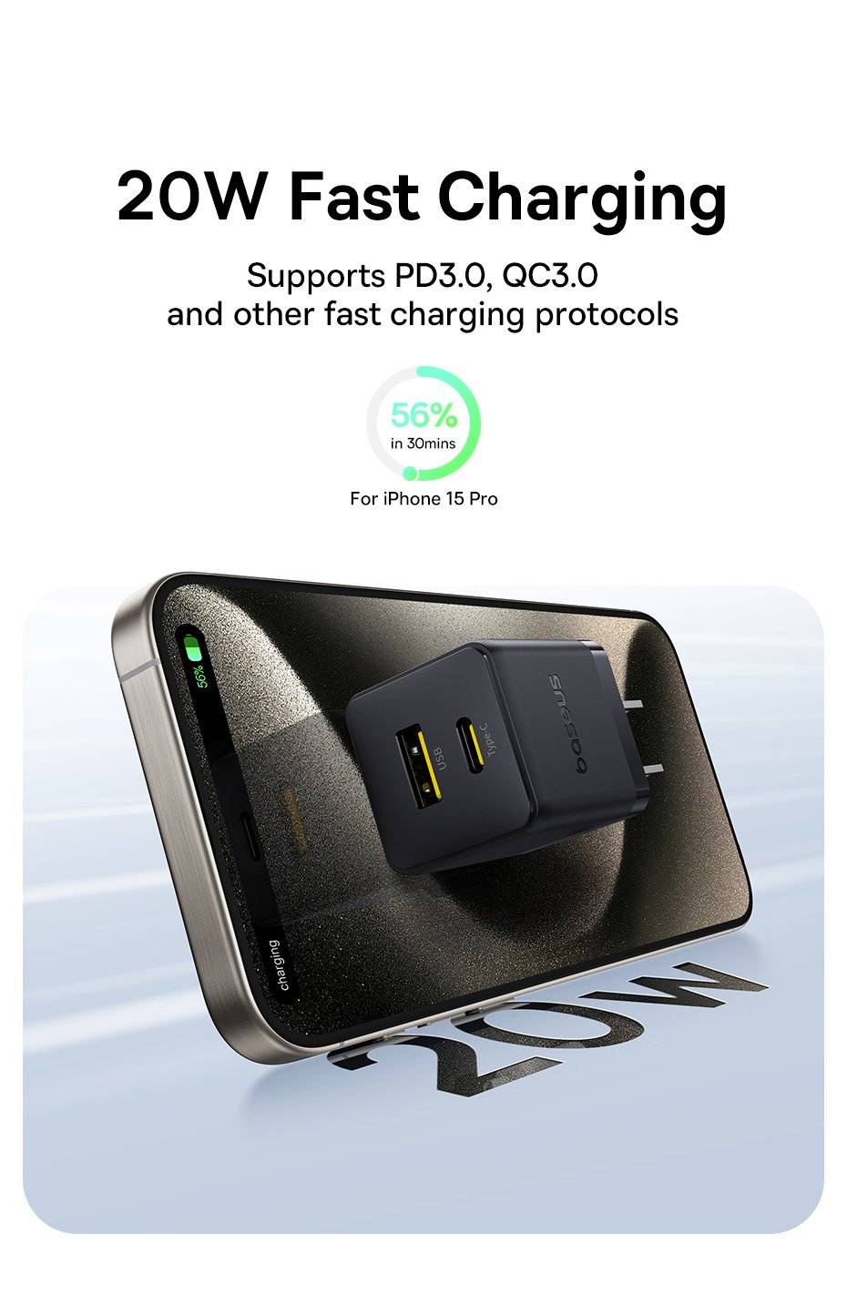 Baseus Palm Series 20W Fast Charger with USB-C and USB-A US Plug Ports