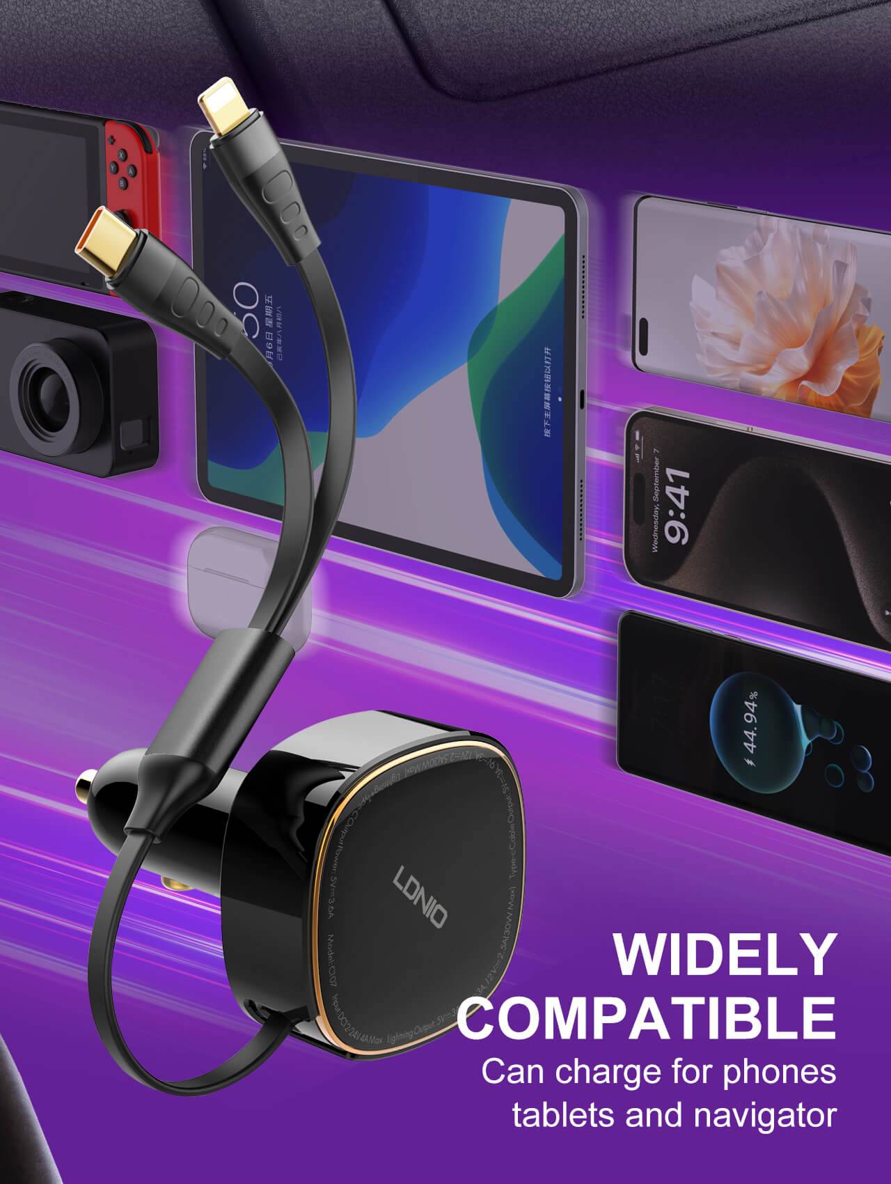 LDNIO C107 Ultra-Fast Car Charger with Built-in Type-C/Lightning Cable