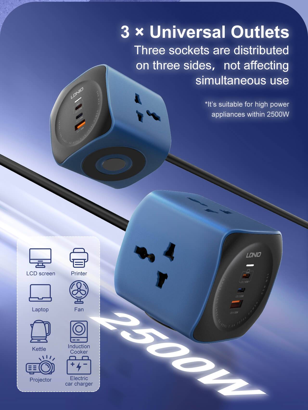 LDNIO SC3319 65W 6-in-1 Power Socket Cube with 2500W Outlets