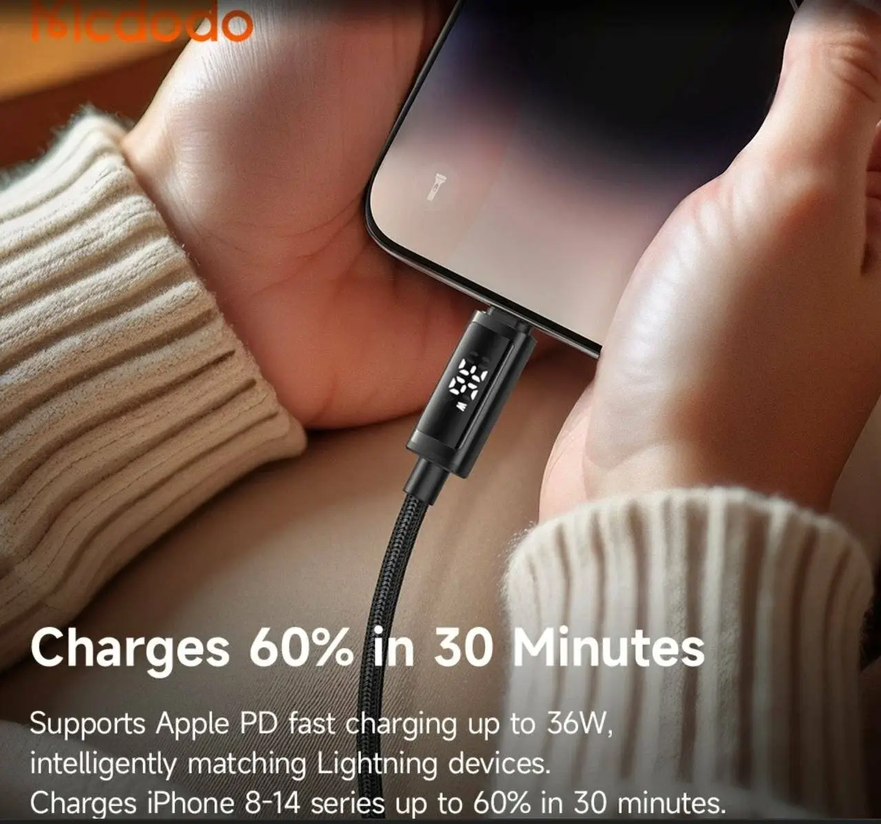 Mcdodo CA-7990 Type-C to Lightning 36W Fast Charging Cable with Dual LED Display 1.2m