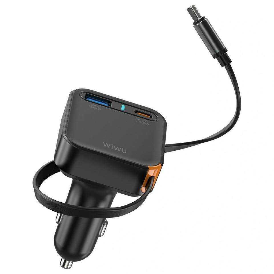 WIWU Wi-CC033 Helix 65W USB-A and USB-C Car Charger with Retractable USB-C Cable