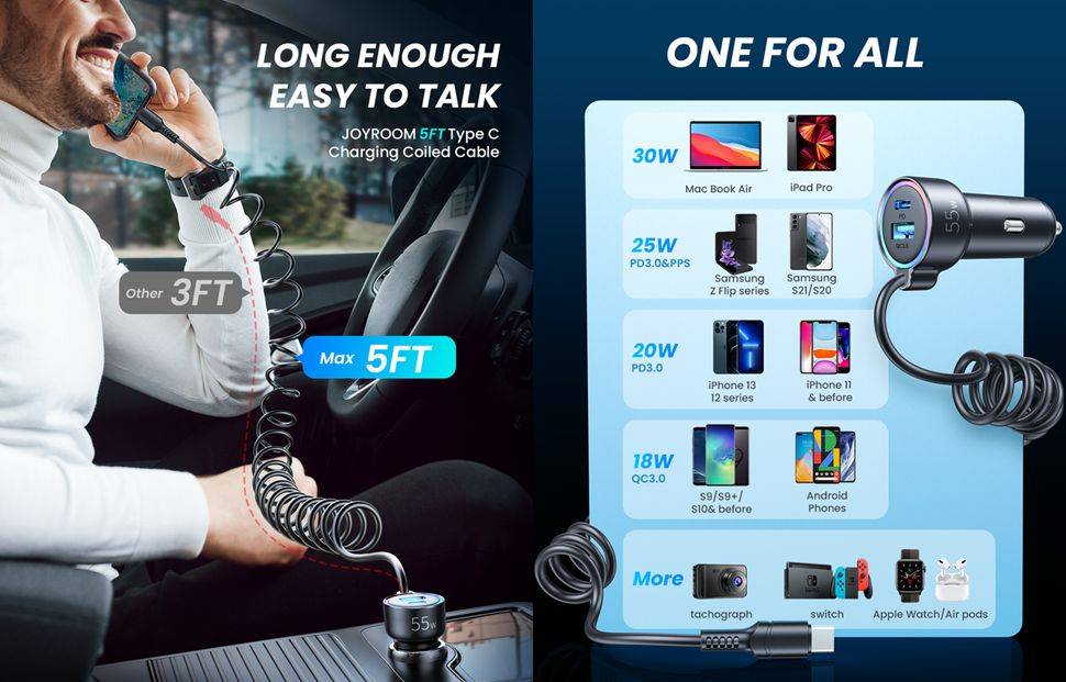 JOYROOM JR-CL07 55W PD QC3.0 Fast Car Charger with Type-C Port and Coiled Cable