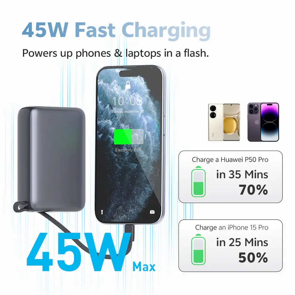 QCY PB20A 20000mAh 45W Power Bank with PD+QC3.0, Digital Display & Built-in USB-C Cable