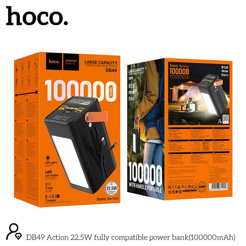 Hoco DB49 22.5W 100000mAh Ultra-High-Capacity Power Bank with Built-In Cable