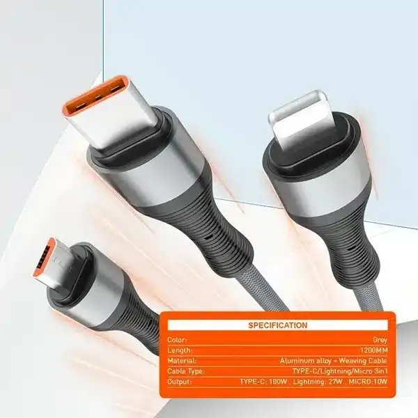 LDNIO LC94C 100W 3-in-1 Fast Charging Cable Type-C to iPhone/Type-C/Micro USB 1.2M