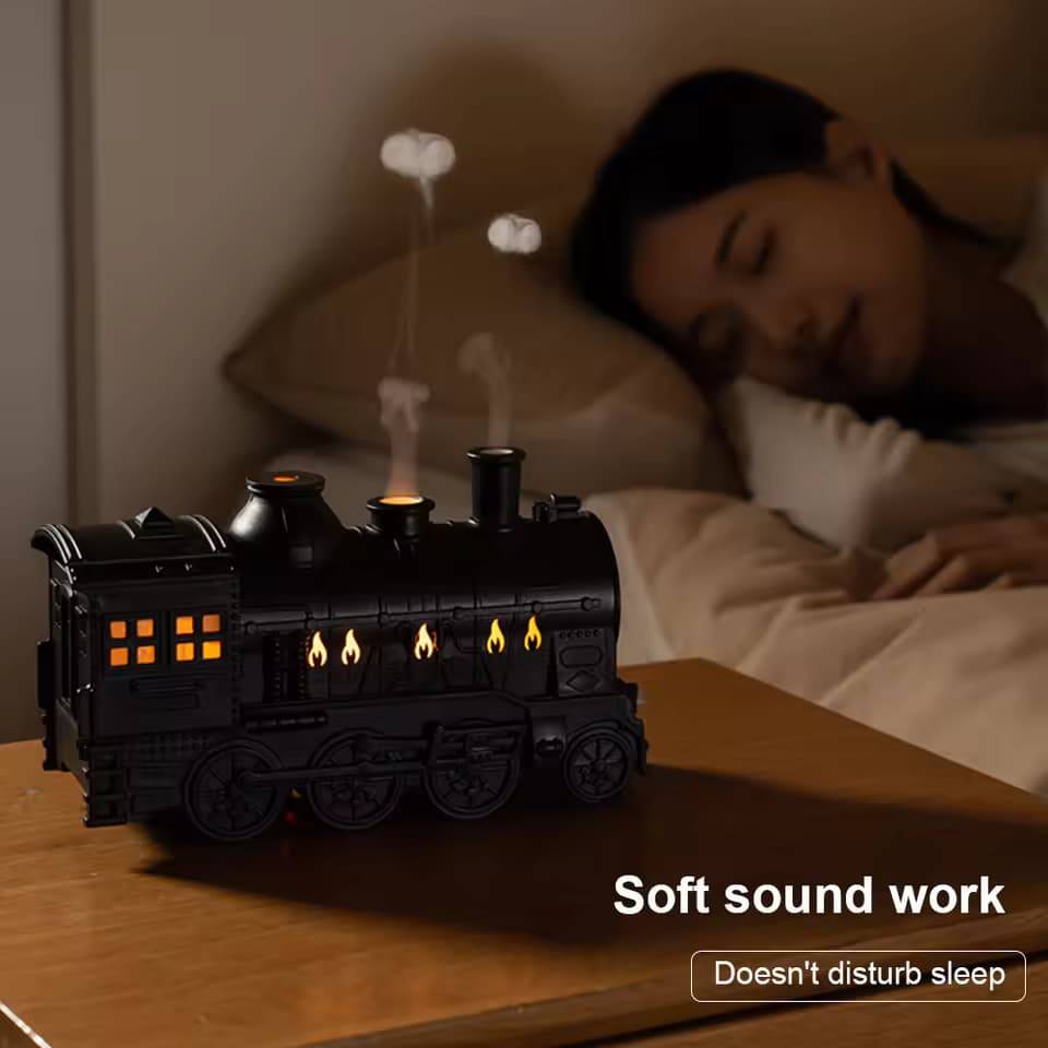 300ml Mini Train-Shaped Cool Mist Humidifier with LED Light Aromatherapy for Home, Office, and Bedroom
