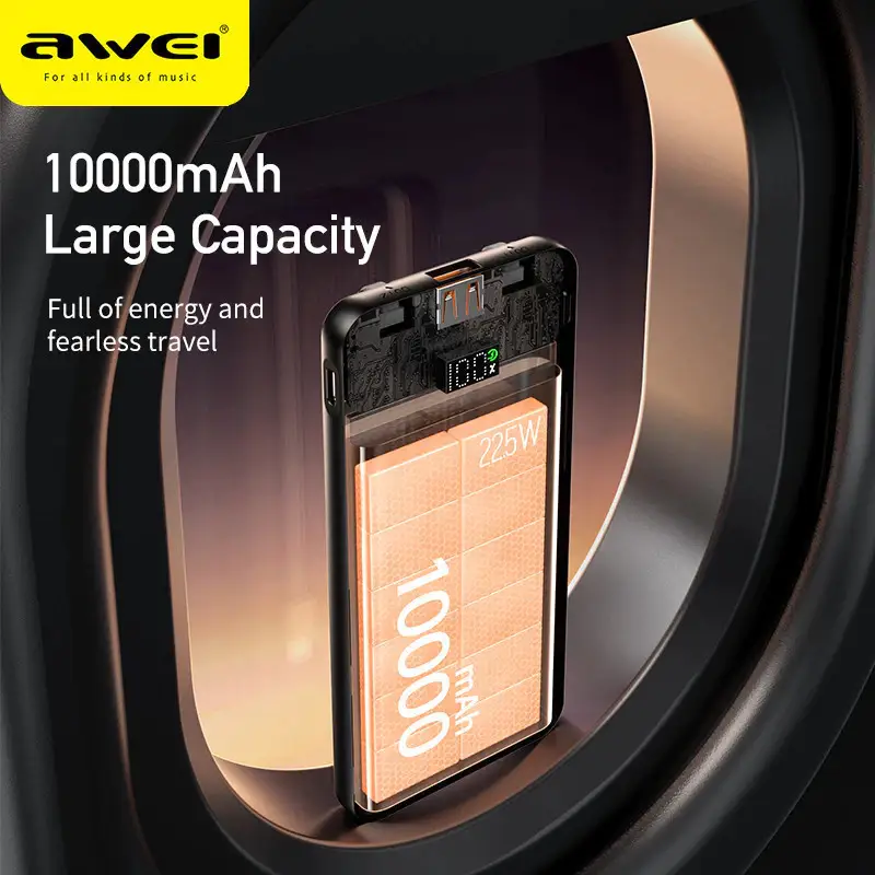 Awei P76K 10000mAh Power Bank 22.5W Fast Charging with Dual Cables & Digital Display