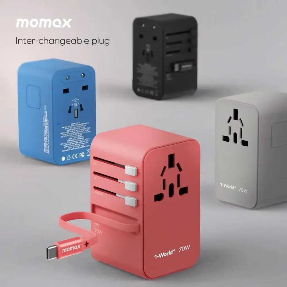 Momax UA18D Travel Charger 70W GaN Built in USB C Cable Universal Power for Laptops & Phones