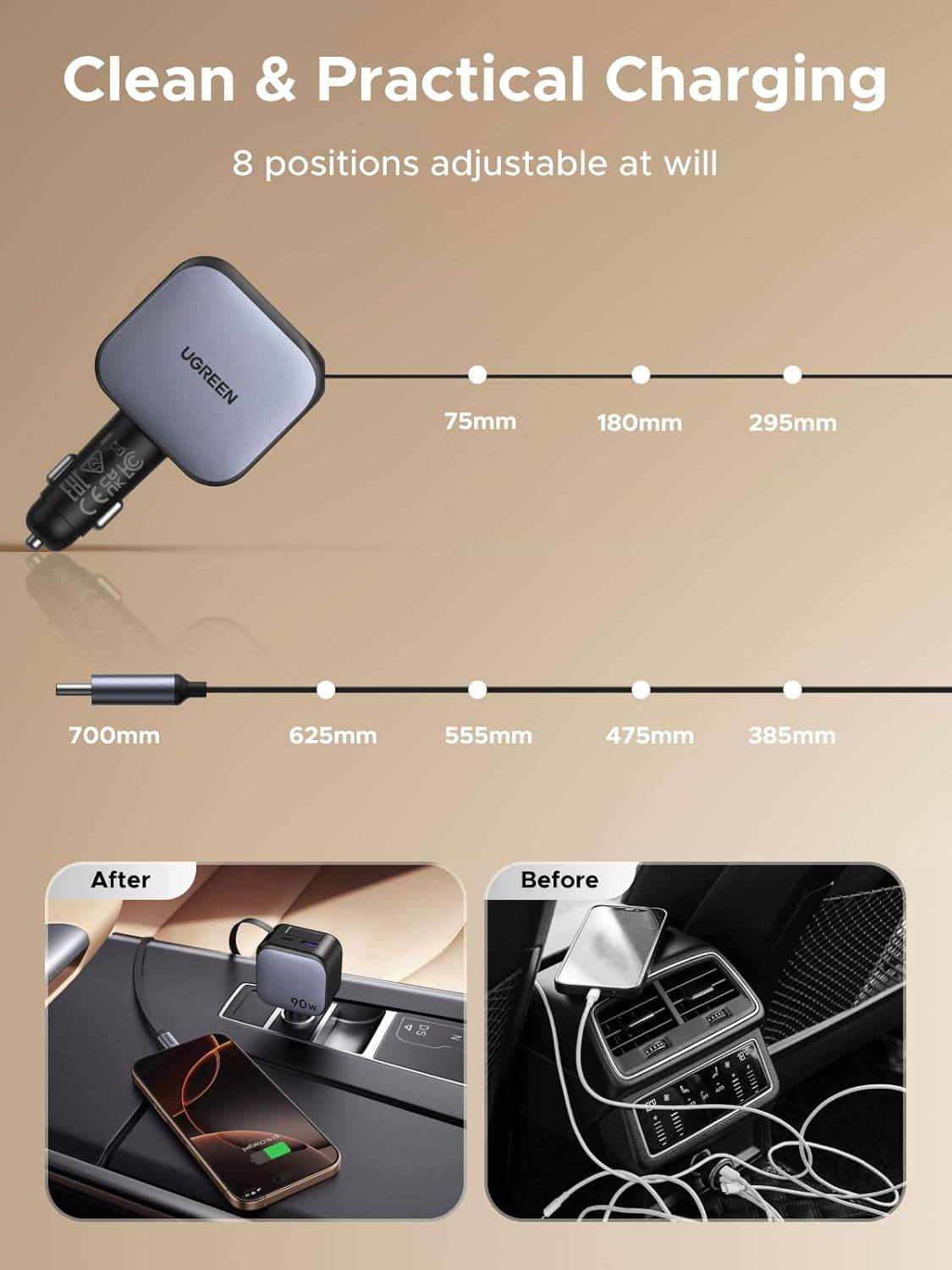 UGREEN EC603 90W Fast Car Charger with Retractable USB-C Cable (55909B)