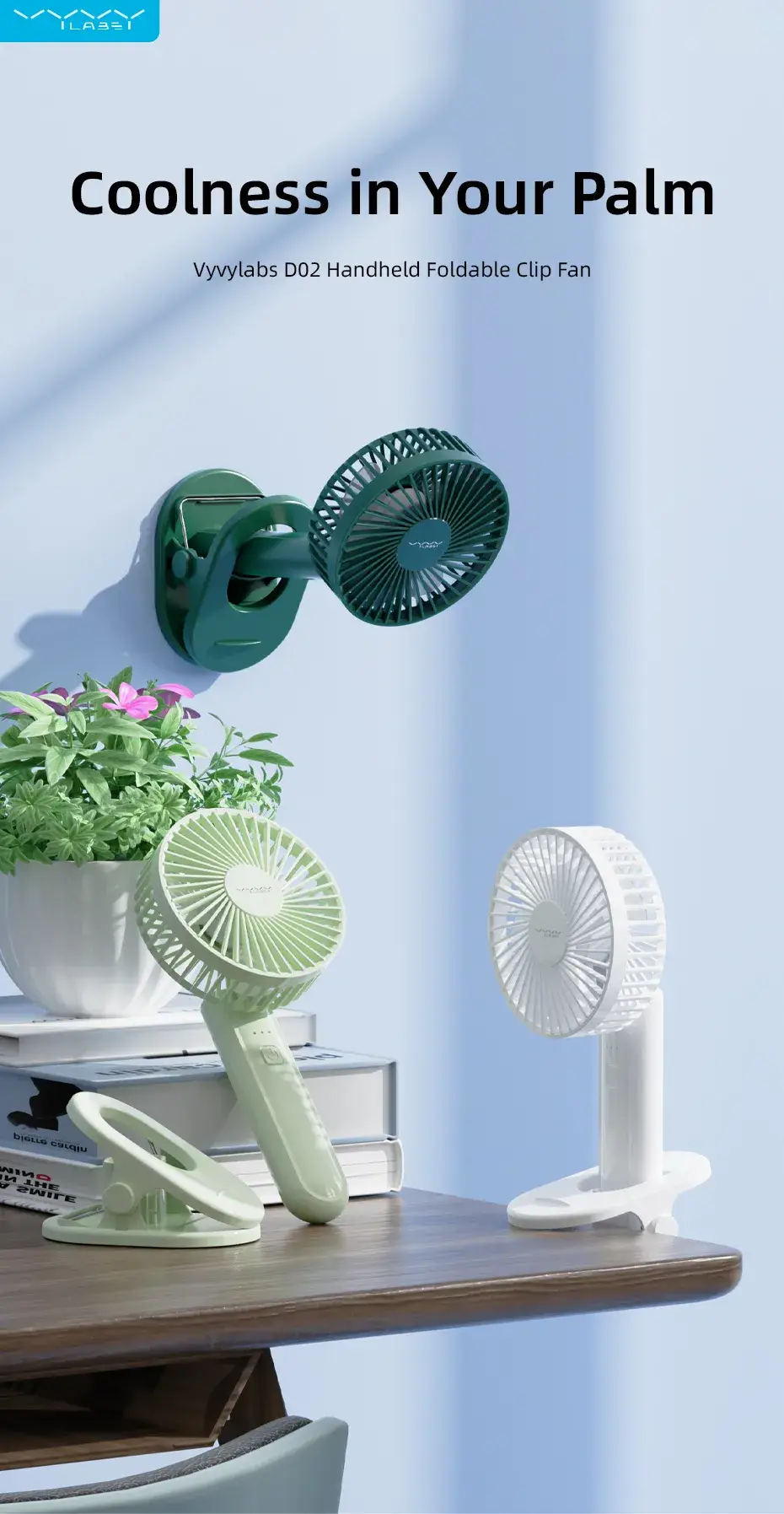 Vyvylabs Babbit VKL01-WH Handheld Fan 2000mAh Portable Rechargeable Mini Fan