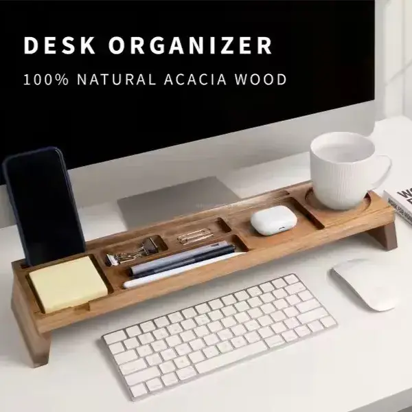 Natural Wood Multi-Compartment Minimalist Desktop Organizer Storage Rack