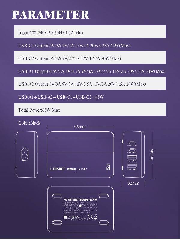 LDNIO A4808Q 65W Dual PD & QC3.0 Fast Charging Desktop Charger