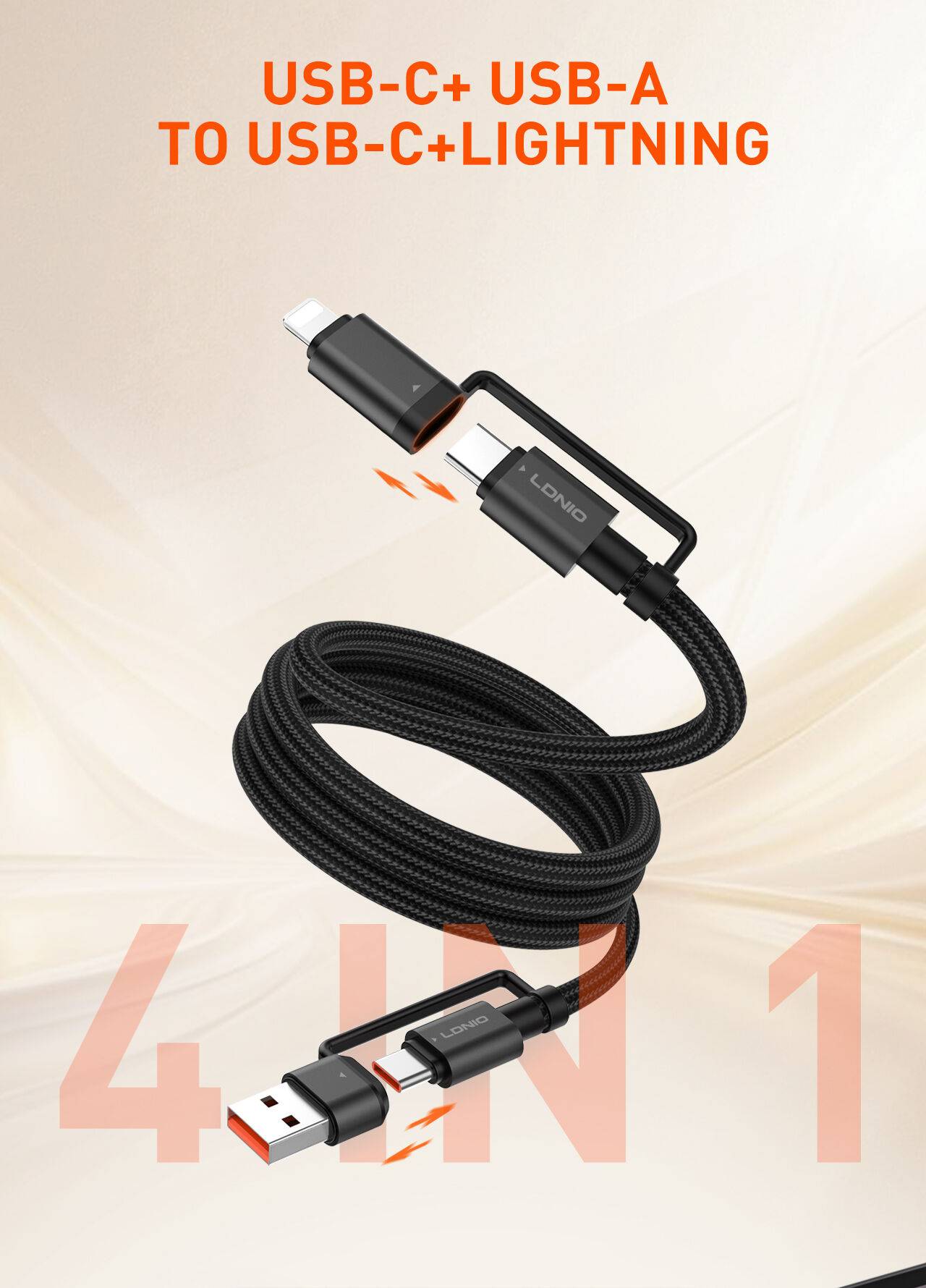 LDNIO LC16 65W 4-in-1 Fast Charging Cable USB-C & Lightning to USB-A/USB-C 1.2M