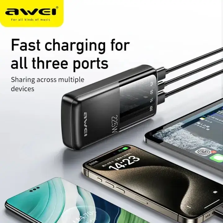 Awei P10K 10000mAh 22.5W PD+QC Fast Charging Slim Power Bank with Digital Display