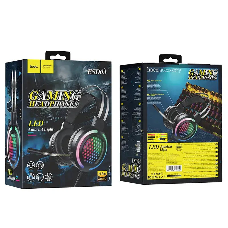 Hoco ESD03 Wired RGB Lighting and Noise-Cancelling Microphone Gaming Headphones
