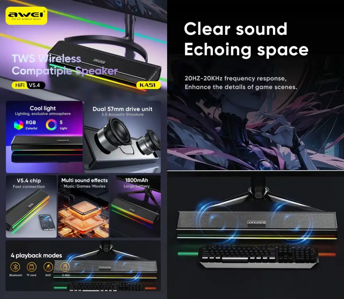 Awei KA51 12W Wireless Bluetooth Soundbar Speaker