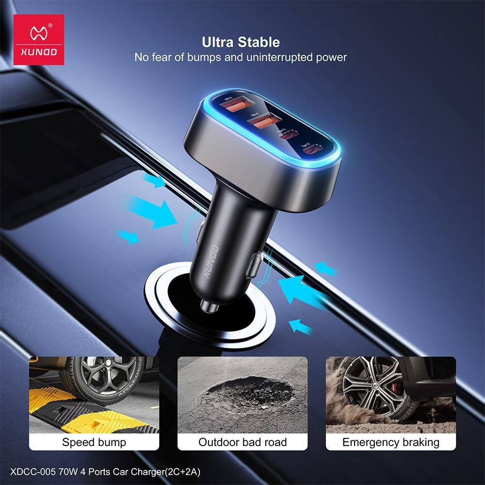 XUNDD XDCC-005 70W Dual USB-C & Dual USB-A 4-Port Fast Car Charger