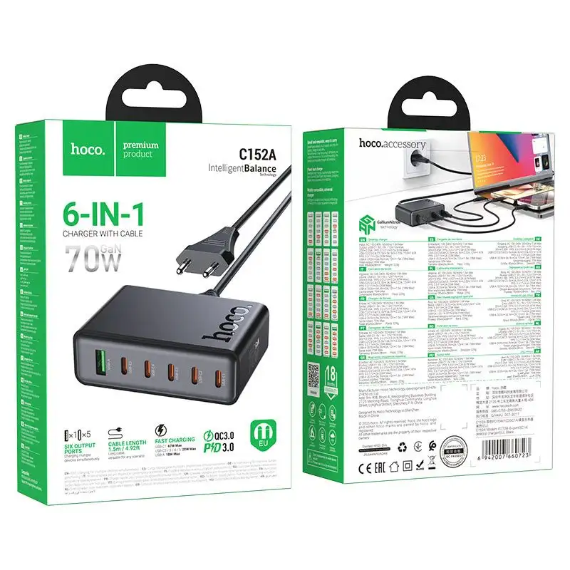 Hoco C152A Modern 70W PD Desktop Charger 6-Port 5 USB-C & 1 USB-A