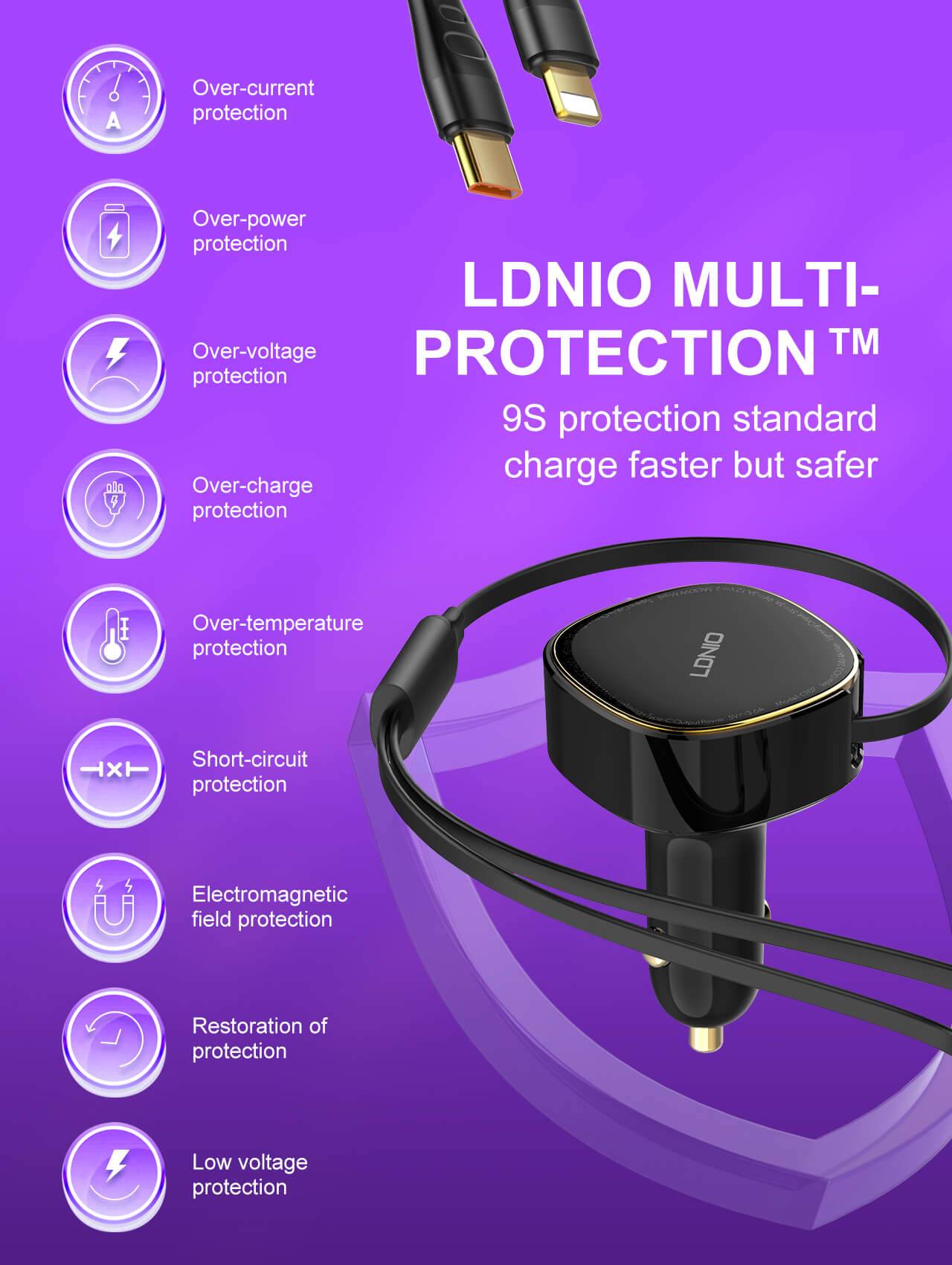 LDNIO C107 Ultra-Fast Car Charger with Built-in Type-C/Lightning Cable