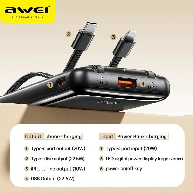 Awei P76K 10000mAh Power Bank 22.5W Fast Charging with Dual Cables & Digital Display