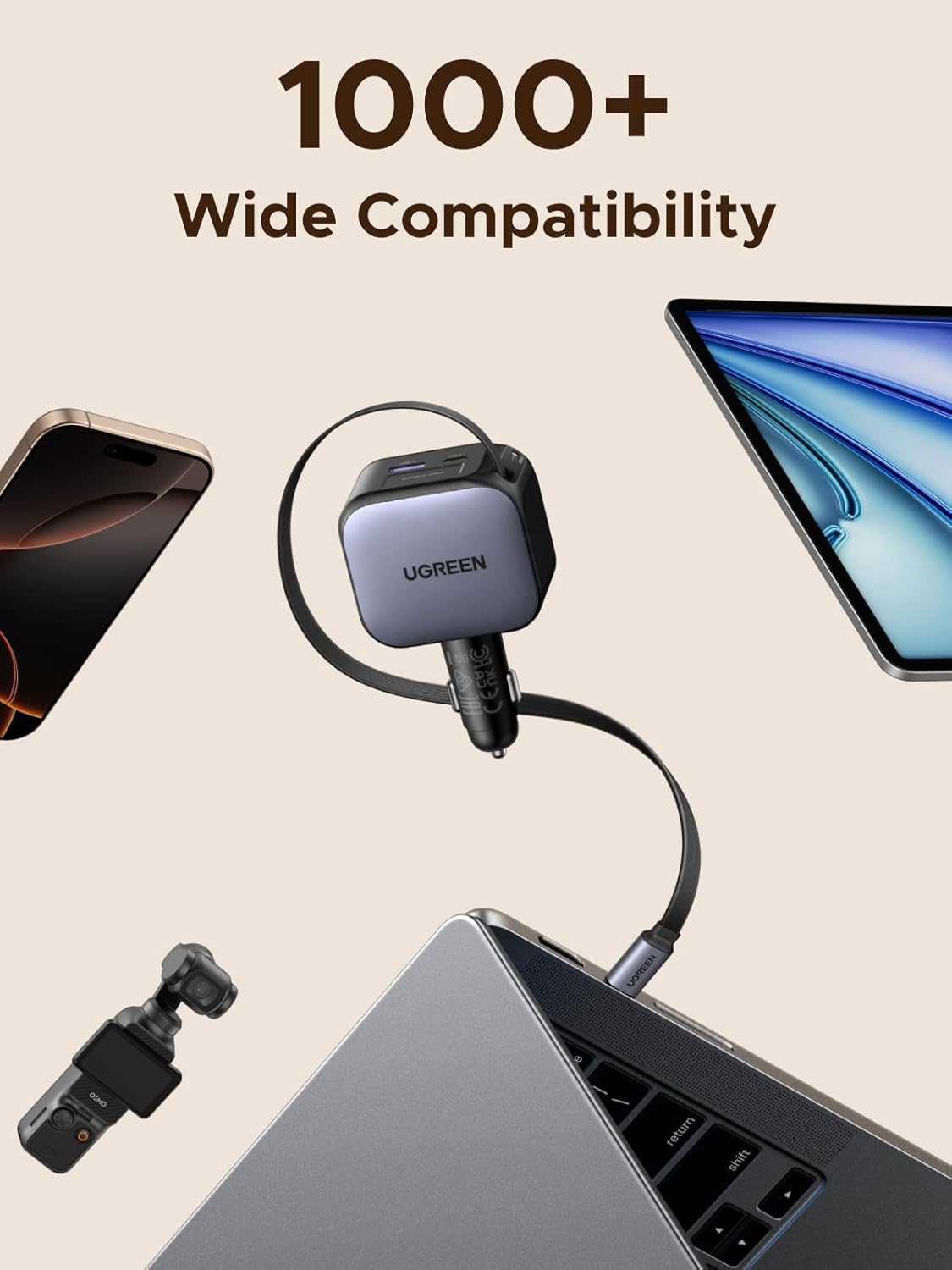 UGREEN EC603 90W Fast Car Charger with Retractable USB-C Cable (55909B)