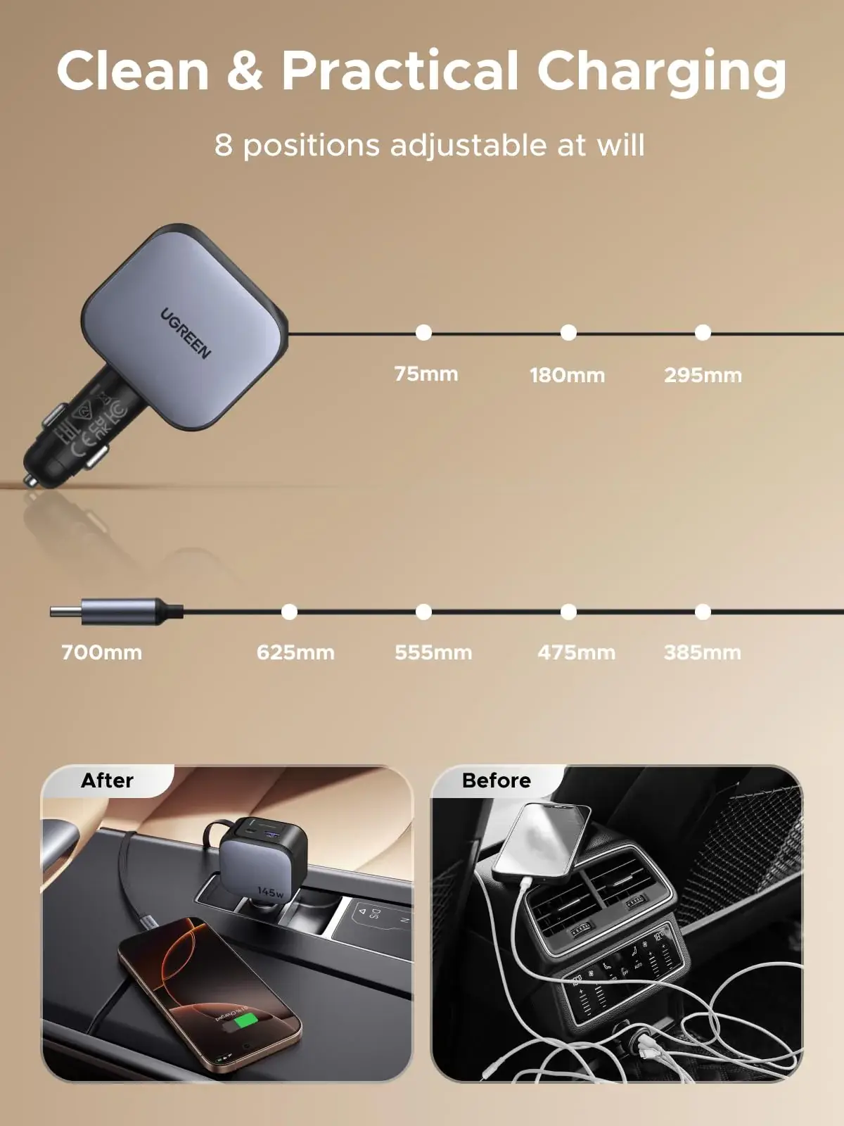 UGREEN EC604 145W Retractable Car Charger with Built-in USB-C Cable