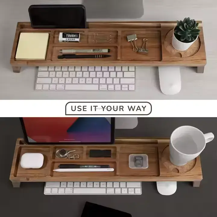 Natural Wood Multi-Compartment Minimalist Desktop Organizer Storage Rack