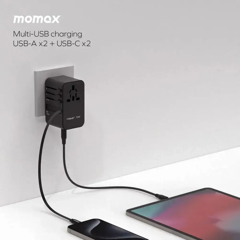 Momax UA18D Travel Charger 70W GaN Built in USB C Cable Universal Power for Laptops & Phones