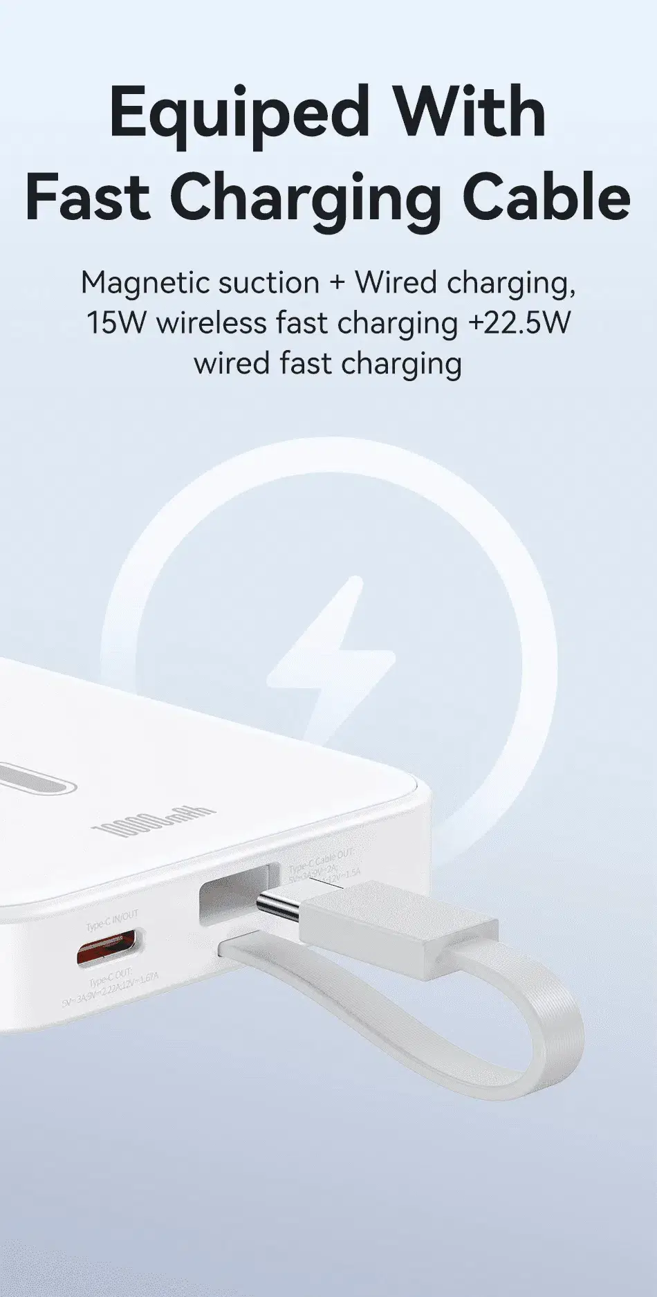 USAMS US-CD219 10000mAh Magnetic Wireless Fast Charging Power Bank & Built-in Type-C Cable